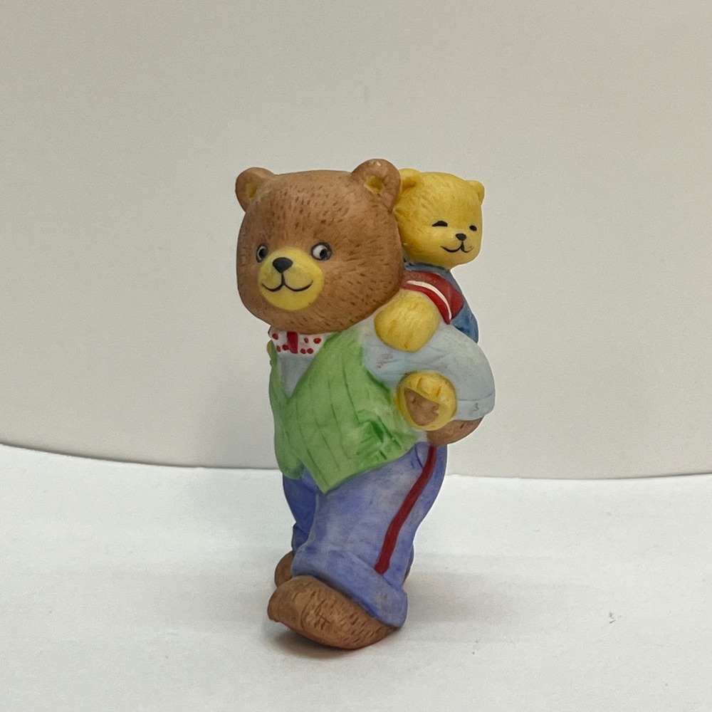 Vintage Genuine Porcelain Bisque Bear Piggyback Figurine BC Taiwan Brown Yellow
